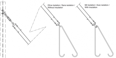 Hauban double en câble sur poutrelles à larges ailes, fixation à la traverse, avec isolation